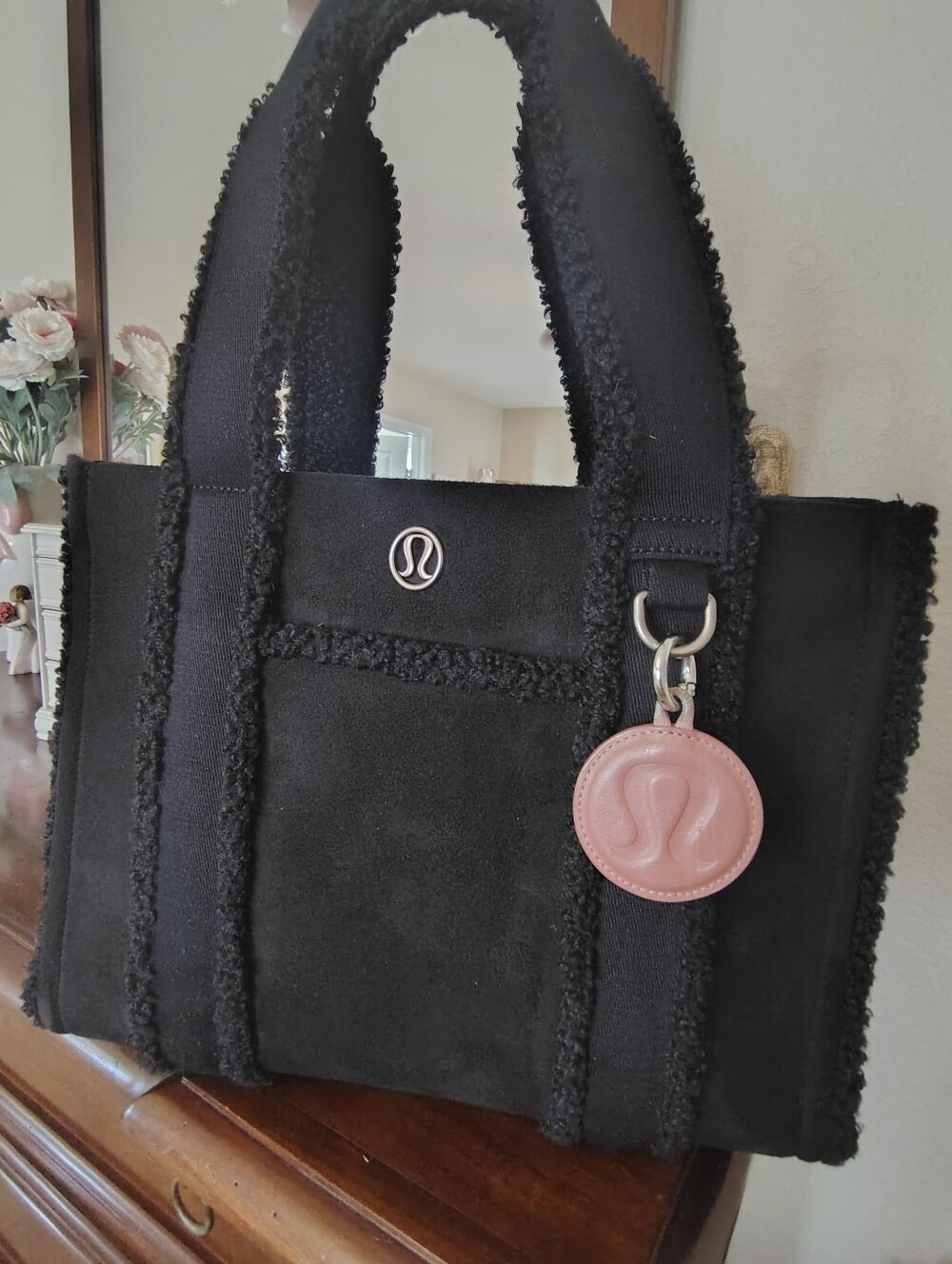 lululemon athletica Black Sherpa Boxy Tote with Pink Logo Charm